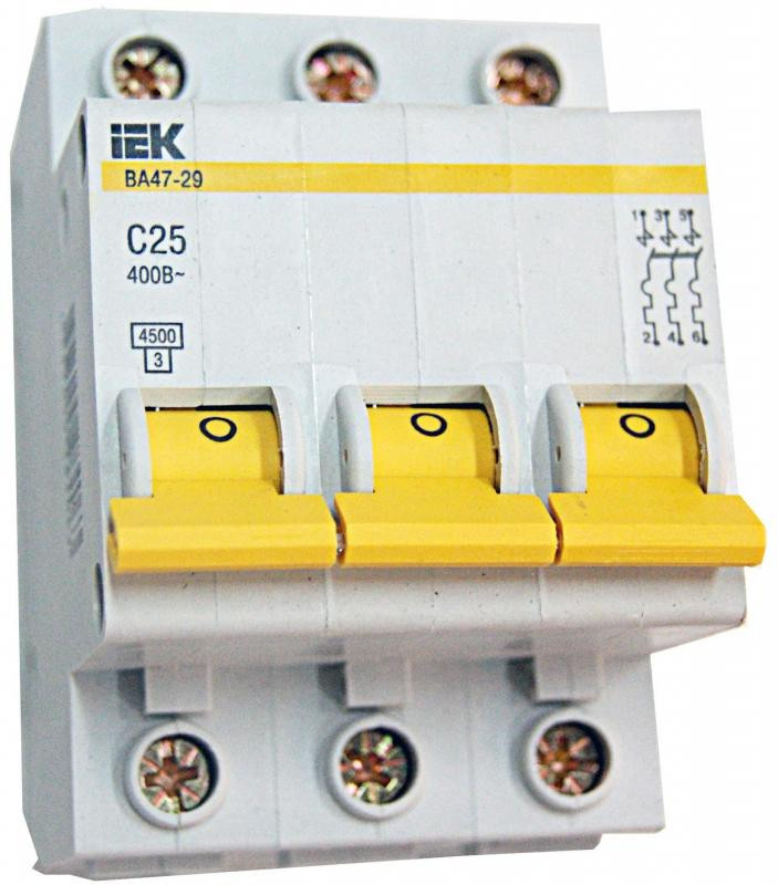 Автоматы электрические иэк. Автоматический выключатель IEK ва47-29 3p. Автоматический выключатель 25а 3ф IEK. Автоматический выключатель IEK ва47-29 3p 25а. Авт. Выкл.ва47-29 3р 5а 4,5ка х-ка с ИЭК.